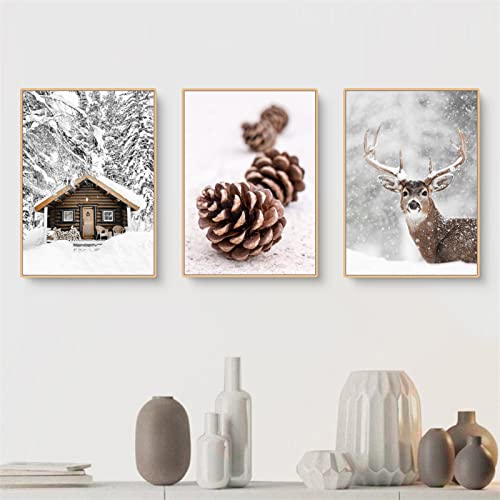 EXQULEG 3er Poster Set, Wandkunst Elch Holzhaus Winter-Schneelandschaft Bilder, ohne Rahmen Modern Weihnachtsdekoration Wandbilder Wohnzimmer Deko Schlafzimmer (30x40cm) von EXQULEG