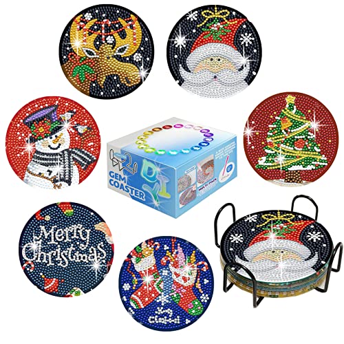 EXQULEG 6 Pack Untersetzer mit Halter,Weihnachten Schneemann Weihnachtsbaum Untersetzer mit Korkmatte, Diamond Painting Untersetzer fürTassen,Vasen,Glas,Kerzen Geschenke von EXQULEG