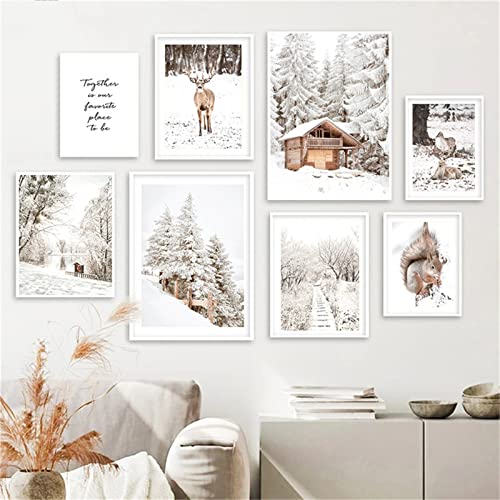 EXQULEG 8pc Poster Set - OHNE Bilderrahmen, Wandbilder Set Winter Schnee Haus Hirsch Eichhörnchen Wald Landschaft Bilder Wohnzimmer Deko von EXQULEG