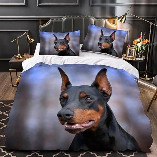 EXSANLIEAY Bettwäsche 135x200 Dobermann Pinscher Bettbezug 135x200 Tier Bettwäsche-Sets Weich Mikrofaser mit Reißverschluss und 2 Kissenbezüge 80x80 cm für Jungen und Mädchen von EXSANLIEAY