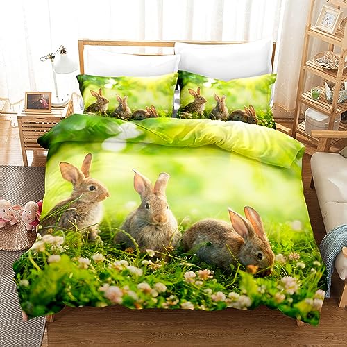 EXSANLIEAY Bettwäsche 135x200 GrüNer Hase Bettbezug Weich Mikrofaser Wiese Bettwäsche-Sets mit Reißverschluss und 2 Kissenbezüge 80x80 für Jungen und Mädchen von EXSANLIEAY