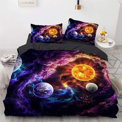 EXSANLIEAY Bettwäsche 220x200 Universum Bettbezug Planet Bettwäsche-Sets Weich Mikrofaser mit Reißverschluss und 2 Kissenbezüge 80x80 cm für Mann und Frau von EXSANLIEAY