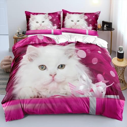 EXSANLIEAY Rosa Bettwäsche 135x200 Katze Bettbezug 3 Teilig Set mit 2 Kissenbezug 80x80 cm, Weich Mikrofaser Bettwäsche-Sets mit ReißVerschluss von EXSANLIEAY