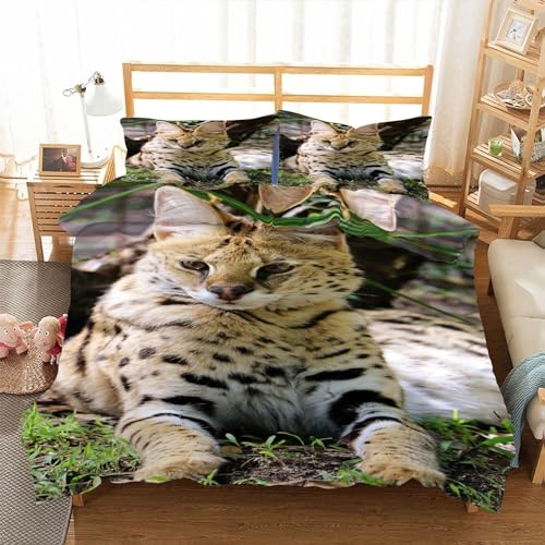 EXSANLIEAY Seltene Tiere Bettwäsche 135x200 Serval Katze Bettbezug 3 Teilig Set mit 2 Kissenbezug 80x80 cm, Weich Mikrofaser Bettwäsche-Sets mit ReißVerschluss von EXSANLIEAY