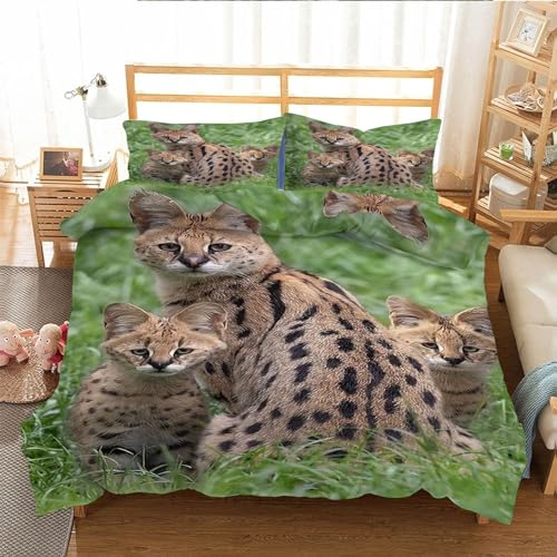 EXSANLIEAY Serval Katze Bettwäsche 200x220 Tier Bettbezug mit ReißVerschluss und 2 Kissenbezug 80x80 cm, Atmungsaktiv Hautfreundlich Superweicher Bettwäsche-Set von EXSANLIEAY