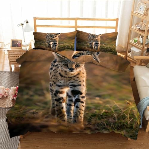 EXSANLIEAY Tier Bettwäsche 135x200 Serval Katze Bettbezug 3 Teilig Set mit 2 Kissenbezug 80x80 cm, Weich Mikrofaser Bettwäsche-Sets mit ReißVerschluss von EXSANLIEAY