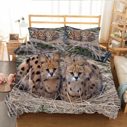 EXSANLIEAY Wilde Tiere Bettwäsche 135x200 Serval Katze Bettbezug 3 Teilig Set mit 2 Kissenbezug 80x80 cm, Weich Mikrofaser Bettwäsche-Sets mit ReißVerschluss von EXSANLIEAY