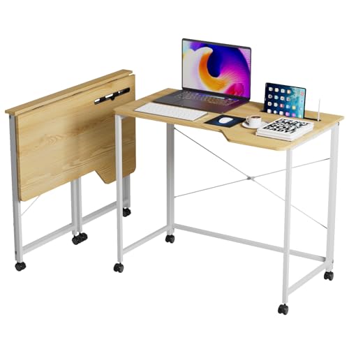 EXSELTMAN Computer-Schreibtisch, faltbar, mit Rollen, Computertisch, faltbar, mit Kartenschlitz, Computertisch, faltbar, klein, für Büro zu Hause (Holz) von EXSELTMAN