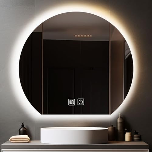 EZZPGDKU Led Halbkreis Badezimmerspiegel, Schminkspiegel Mit Beleuchtung,3-farbig Verstellbare LED Leuchten,Wasserdicht,Anti Nebel von EZZPGDKU