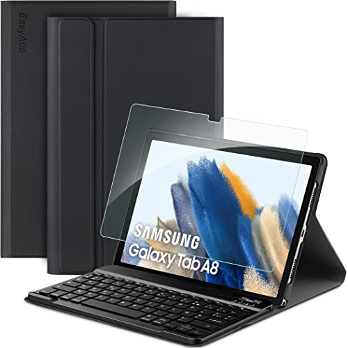 EasyAcc Tastaturhülle für Samsung Galaxy Tab A8 2022/2021 SM-X200/X205/X207, Abnehmbare AZERTY Französisch Bluetooth Tastaturhülle mit gehärtetem Glas für Galaxy Tab A8 10.5" Schwarz von EasyAcc