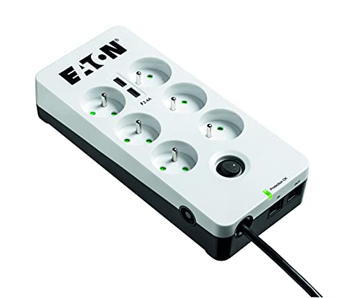 Steckdosenleiste/Überspannungsschutz – Eaton Protection Box 6 Tel@ USB FR – PB6TUF – 6 französische Steckdosen + 1 Telefonbuchse + 2 USB-Ports – Weiß & Schwarz von Eaton