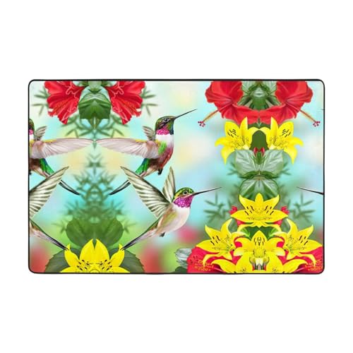 EdWal Teppich, Motiv: Kolibri, rote Blume, Hibiskus, superweich, für Wohnzimmer, Schlafzimmer, Badezimmer, Küche, Bodenmatten von EdWal