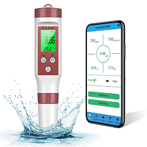 Ehomfy PH Messgerät Bluetooth 4 in 1 PH Wert Messgerät Pool Tester pH TDS EC Temperatur pH Meter (ATC) mit hoher Genauigkeit Digital Pool Wassertester mit LCD-Display für Pools Wasser von Ehomfy