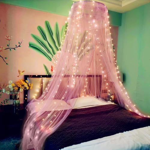 Eimilaly Spitze Betthimmel Moskitonetz mit warmen Lichtern, Prinzessin Betthimmel für Mädchen Zimmerdekoration, Pink/Einzeltür Eimilaly Spitze Betthimmel Moskitonetz mit warmen Lichtern, Prinzessin Betthimmel für Mädchen Zimmerdekoration, Pink/Einzeltür von Eimilaly