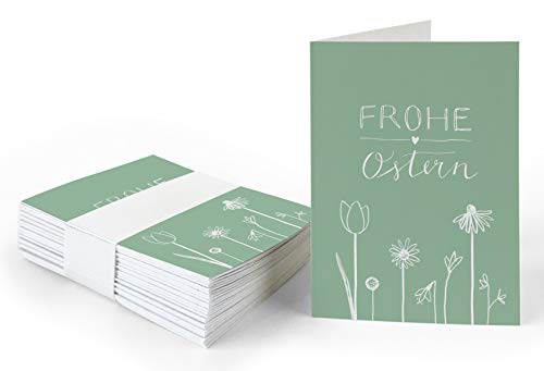 25 Geschenkanhänger - Frohe Ostern - Ostergrüße in Grün Weiß mit Blumen, originelle Mini Osterkarten zum Ostergeschenke Beschriften, edel exklusiv individuell, A7 Recyclingpapier Klappkarten von Eine der Guten