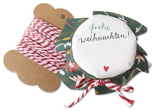 25 MINI Marmeladendeckchen - Frohe Weihnachten, Gläserdeckchen grün für Marmelade, Einmachgläser & Weihnachtsgeschenke, für kleine Gläser, Recyclingpapier Abreißblock + 10 m Garn + Justiergummi von Eine der Guten