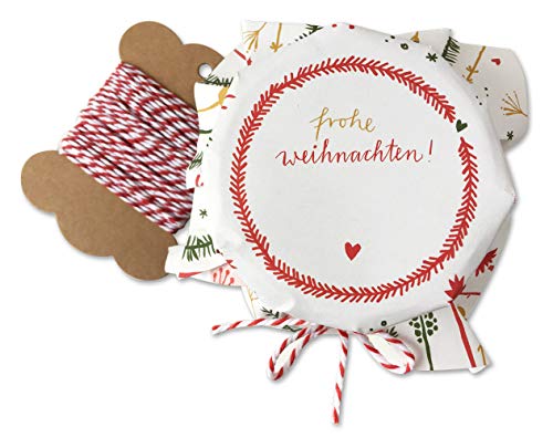 25 Marmeladendeckchen - Frohe Weihnachten - Gläserdeckchen Weiß Bunt für Marmelade, Marmeladengläser & Einmachgläser, Recyclingpapier Abreißblock + 10 m Garn + Justiergummi, Blumen & Tannenzweige von Eine der Guten