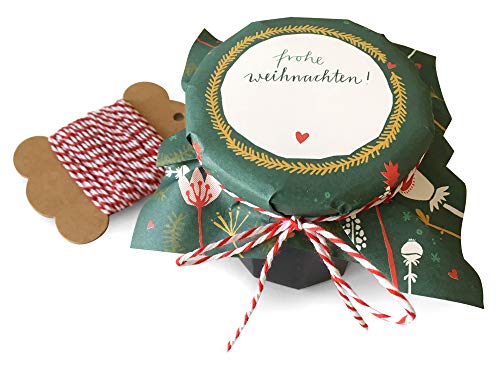 25 Marmeladendeckchen - Frohe Weihnachten - Gläserdeckchen grün für Marmelade, Marmeladengläser & Einmachgläser, Recyclingpapier Abreißblock + 10 m Garn + Justiergummi, Blumen & Tannenzweige von Eine der Guten