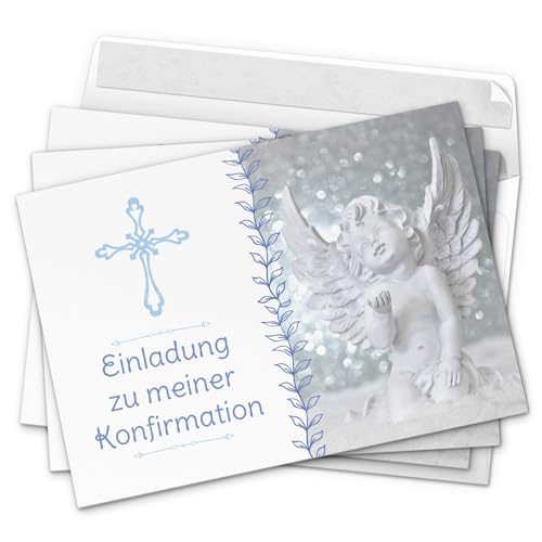 10 x Einladungskarten zur Konfirmation mit Umschlägen/Engel mit Kreuz, blau/Konfirmationskarten/Einladungen zur Feier von Einladungskarten Manufaktur Hamburg