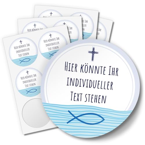 24 PERSONALISIERTE runde Etiketten SELBER GESTALTEN mit Ihrem Text: Blau Fisch Kreuz - Personalisierte Aufkleber für Taufe, Konfirmation, Kommunion, Ostern, Weihnachten von Einladungskarten Manufaktur Hamburg