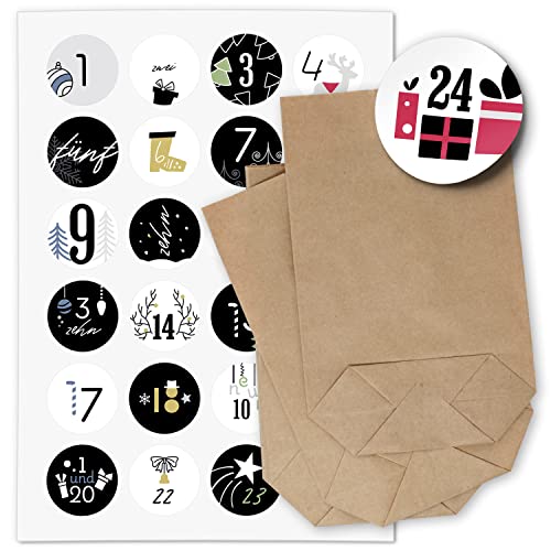 Einladungskarten Manufaktur Hamburg ADVENTSKALENDER SET zum Befüllen - Modern Schwarz Bunt - mit 24 Tüten und passenden weihnachtlichen Zahlen Aufklebern für Weihnachten, Advent von Einladungskarten Manufaktur Hamburg