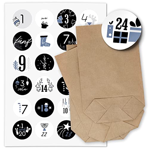 Einladungskarten Manufaktur Hamburg ADVENTSKALENDER SET zum Befüllen - Schwarz Blau Modern - mit 24 Tüten und passenden weihnachtlichen Zahlen Aufklebern für Weihnachten, Advent von Einladungskarten Manufaktur Hamburg