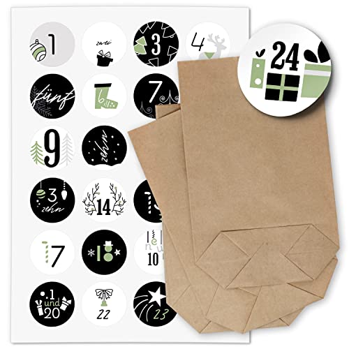 Einladungskarten Manufaktur Hamburg ADVENTSKALENDER SET zum Befüllen - Schwarz Grün Modern - mit 24 Tüten und passenden weihnachtlichen Zahlen Aufklebern für Weihnachten, Advent von Einladungskarten Manufaktur Hamburg