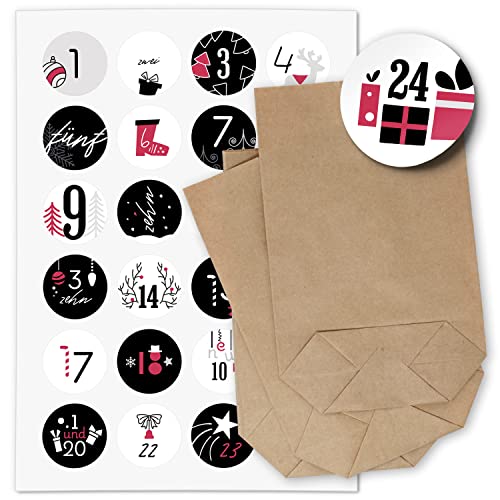 Einladungskarten Manufaktur Hamburg ADVENTSKALENDER SET zum Befüllen - Schwarz Rot Modern - mit 24 Tüten und passenden weihnachtlichen Zahlen Aufklebern für Weihnachten, Advent von Einladungskarten Manufaktur Hamburg