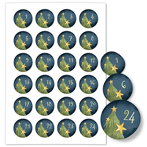 Adventskalender-Zahlen Aufkleber 1 bis 24 / Tannenbaum Zauberhaft blau/Etiketten/Sticker/Weihnachtskalender/Advent/Rund/DIY/zum Aufkleben von Einladungskarten Manufaktur Hamburg