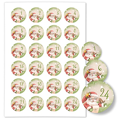 Adventskalender-Zahlen Aufkleber 1 bis 24 / Zauberhafter Weihnachtsmann/Etiketten/Sticker/Weihnachtskalender/Advent/Rund/DIY/zum Aufkleben von Einladungskarten Manufaktur Hamburg