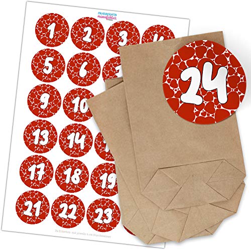 Adventskalender zum Befüllen (Herzchen) mit 24 Tüten und 24 weihnachtlichen Zahlen Aufklebern für Weihnachten, Advent, kleine Geschenke von Einladungskarten Manufaktur Hamburg
