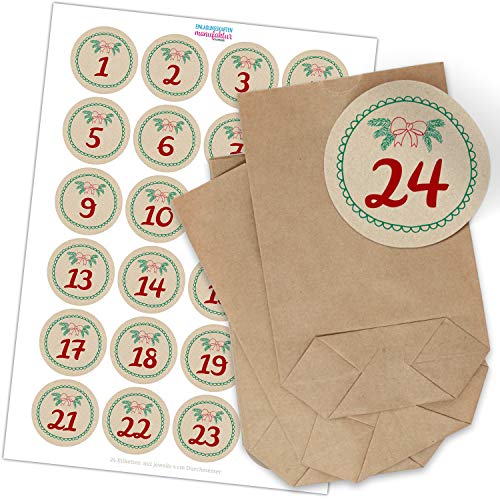 Adventskalender zum Befüllen (Vintage Karton Look) mit 24 Tüten und 24 weihnachtlichen Zahlen Aufklebern für Weihnachten, Advent, kleine Geschenke von Einladungskarten Manufaktur Hamburg