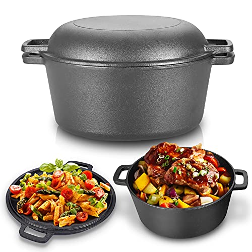 Gusseisen Topf, 2 in 1 4,5 l Kochtopf Double Dutch Oven Combo Kocher mit Eingebrannt Doppelfunktion Deckel/Bratpfanne für Küche Camping Garten BBQ Backen 26 * 26 * 12 cm von Ejoyous