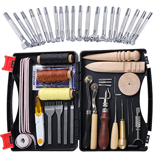 50 Stücke Leder Werkzeuge und Zubehör Set, Leder DIY Set, Leder Werkzeug Set mit Aufbewahrungsbox, Leder Groover Leder Stempel Perfekt für Leder Handwerk Nähen Schneiden DIY von Ekalee