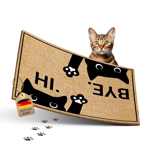 ElbFuchs® Fußmatte Kokos 60x40cm | HI & Bye Katze | [EXTRA LANGLEBIG & rutschfest] | Kokosmatte Fussmatte Aussen & Innen | Fußabtreter für Haustür von ElbFuchs