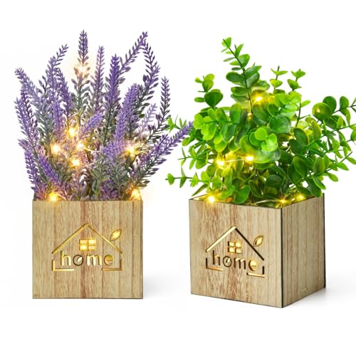 Elecoutek 2 Set Kunstpflanzen mit LED in Holzkiste, Plastikpflanzen Eukalyptus Lavendel wie Echt Künstliche Pflanze im Topf, Deko Fake Pflanzen für Wohnzimmer Badezimmer Fensterbank Innen Deko von Elecoutek