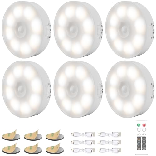 Schrankbeleuchtung mit Fernbedienung, [3 Farben] Kabellos Nachtlicht mit Bewegungsmelder, Bewegungslicht mit Batterie, Dimmbar Puck Light Schranklicht mit Timer, für Flur, Küche, Treppen - 6 Stück von Electight