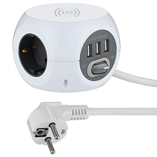 Electraline 62079 Mini Cube Steckdosenleiste mit schnellem drahtlosem Ladegerät, Fast Wirelss Charger, mit 3 USB-Anschlüssen 2,4 A, mit 3 Steckdosen mit Schalter, 1,5 m Kabel, weiß, Weib von Electraline