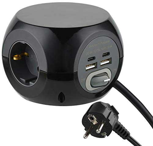 Electraline 62080 Mini-Würfel Steckdosenleiste 3-Fach mit 4 17 W (2 Typ C kompatibel mit der neuesten Technologie + 2 USB A 3.4A Q.C) mit Schalter, Kabel 1.5 m von Electraline