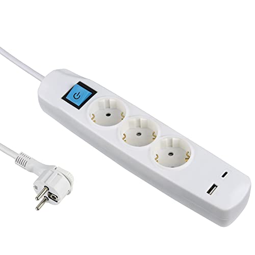 Electraline 62162 Steckdosenleiste 3-Fach Schuko mit Schalter + 2 USB 3.4A 17W (1 Typ A + 1 Typ C), Kabel 1.5M / Mehrfachsteckdose/Tischsteckdose Steckerleiste, Extra Flacher Stecker von Electraline