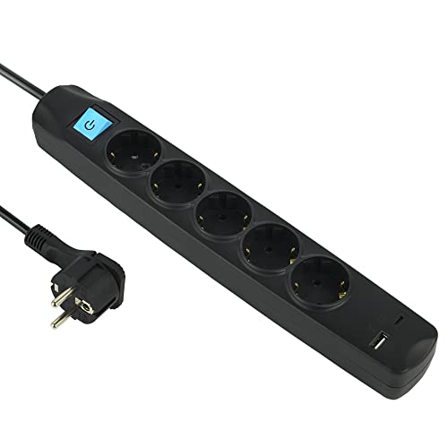 Electraline 62167 Steckdosenleiste 5-Fach Schuko mit Schalter + 2 USB 3.4A 17W (1 Typ A + 1 Typ C), Kabel 1.5M / Mehrfachsteckdose/Tischsteckdose Steckerleiste, Extra Flacher Stecker von Electraline