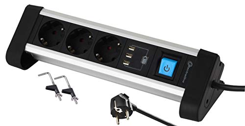 Electraline 62559 Steckdosenleiste 3-Fach Alu für den Schreibtisch + 3 USB 3.4A, Kabel 2m / Mehrfachsteckdose/Tischsteckdose Steckerleiste, Schuko Stecker, Metal, Schwarz, 3 Fach + 3 USB von Electraline