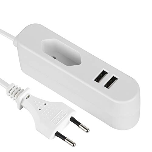 Electraline 70047, Elektrische Verlängerung/Europäischer Reiseadapter (Eurostecker Typ C) / Tragbares Schnellladegerät mit 2 USB 2.4A, 1.5M Kabel, Weib von Electraline