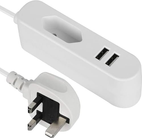 Electraline 70048, Elektrische Verlängerung/Europäischer Reiseadapter C nach Großbritannien (Typ J) / Tragbares Schnellladegerät mit 2 USB 2.4A, 1.5M Kabel, Weib von Electraline