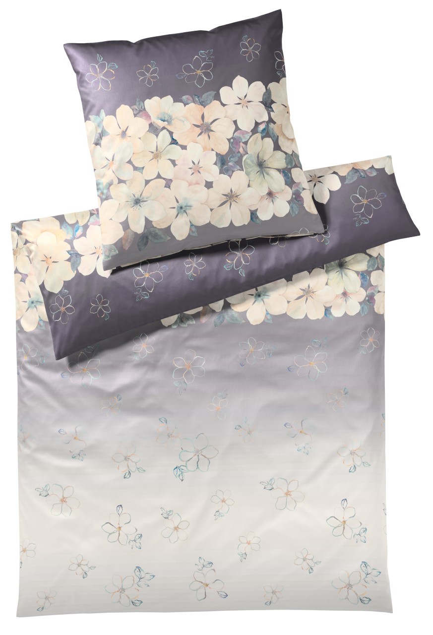 Elegante Mako-Satin Bettwäsche 135x200 cm Blumen grau-braun Natur 2251-7 von Elegante