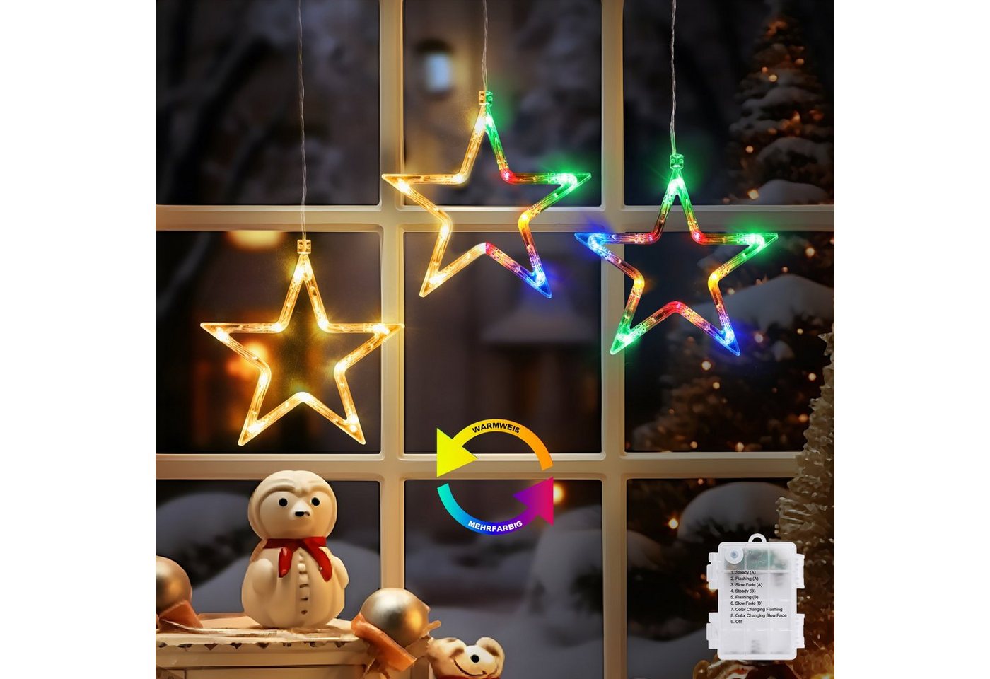 Elegear LED-Lichtervorhang 160/188cm Lichterkette für fenster Weihnachtsdeko, mit 3/5 Sterne, 30-flammig, Warmweiß & bunt, Timer/Memory-Funktion 8 Modi, IP44, Batterie von Elegear