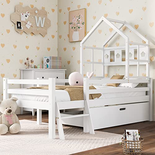 Elim's Choice Massivholz Hausbett mit Lattenrost und Rausfallschutz, Holz Kinderbett mit Schubladen und Leiter, Weiß Funktionsbett mit Kleiner Treppe (90x200 cm) von Elim's Choice