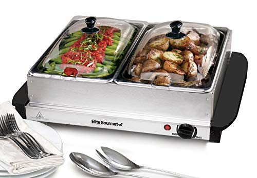 Elite Gourmet Dual-Server-Speisewärmer, einstellbare Temperatur für Partys und Feiertage, 2 x 2,5 Qt Buffettabletts mit geschlitzten Deckeln, 5 Quart, Edelstahl (EWM-6122) von Elite Gourmet