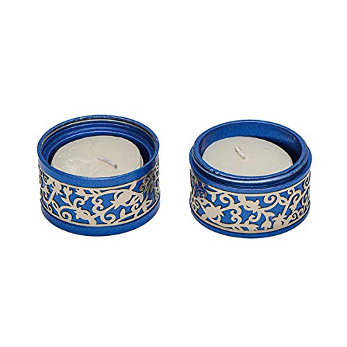 Emanuel Kerzenhalter aus Metall mit filigranem Ausschnitt | kleine Kerzenhalter für Shabbat und Yom Tov (blau) von Emanuel
