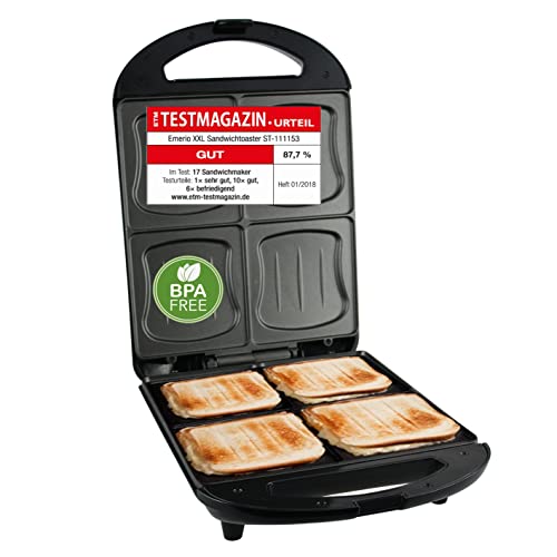 Emerio XXL Sandwich Toaster TEST GUT für alle Toastgrößen geeignet 4x große Muschelform für die ganze Familie Käse läuft nicht aus kein Verschmieren BPA frei 1300 Watt Sandwichmaker 4er von Emerio